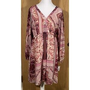 Women's Lg Babydoll Dress Sheer Long Sleeve Mixed Print Boho Paisley Romantic